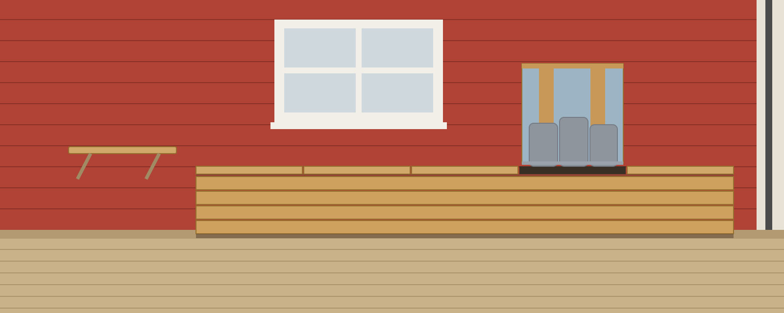 Illustration: förvaringsbänk mot röd fasad med fem lock, ett lock öppet med dynor inuti, klaffbord till vänster